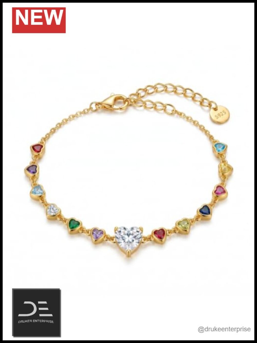 Heart Moissanite Bracelet 925 Sterling Silver 18K Gold-Plated CZ Adjustable